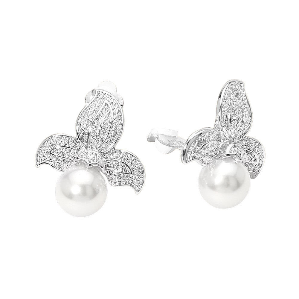 Madeline Love Rhodium Textured Metal Floral Pearl Drop Clip On Earrings - desc