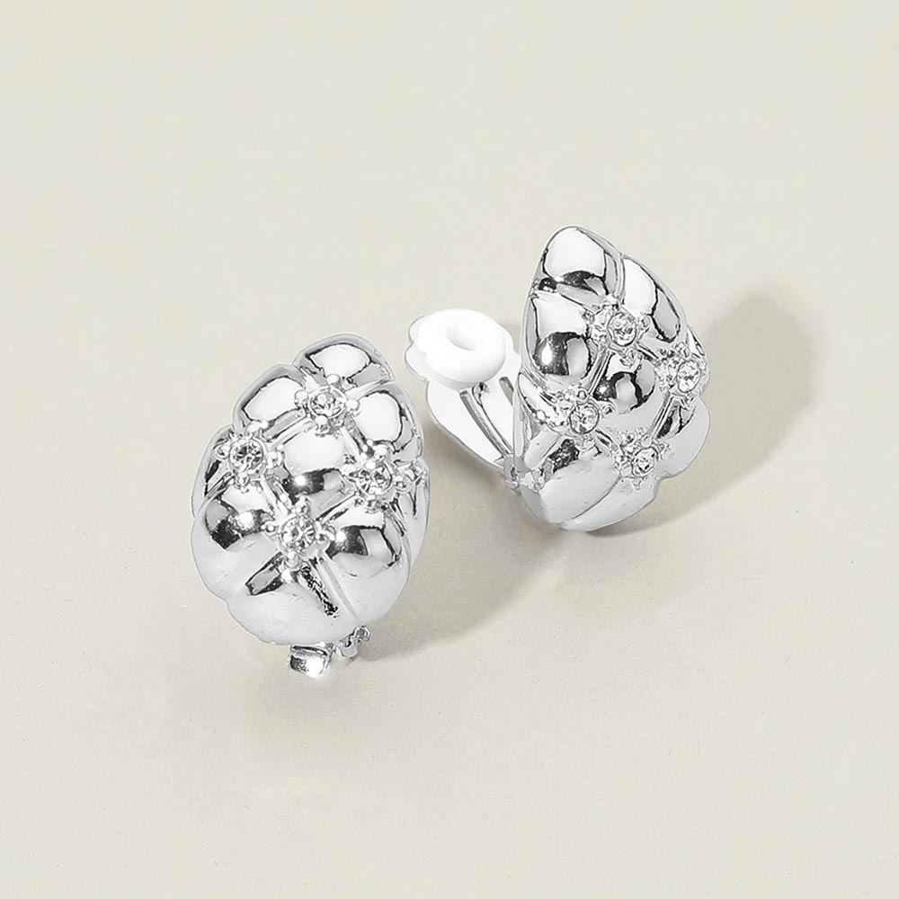 Madeline Love Clear, Rhodium Rhinestone Accent Textured Metal Dome Clip On Earrings