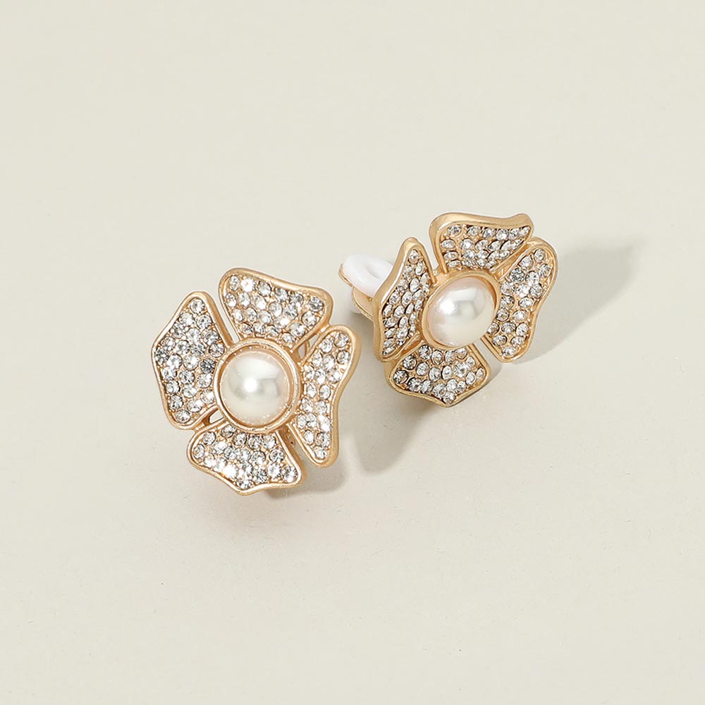 Madeline Love Clear, Cream Round Pearl Center Rhinestone Pave Flower Clip On Earrings
