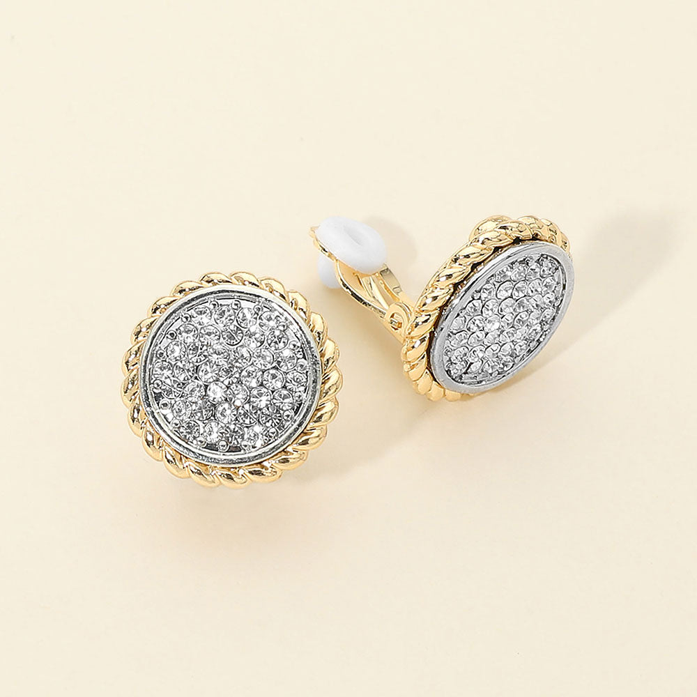 Madeline Love Gold, Two Tone Rhinestone Pave Round Clip On Earrings