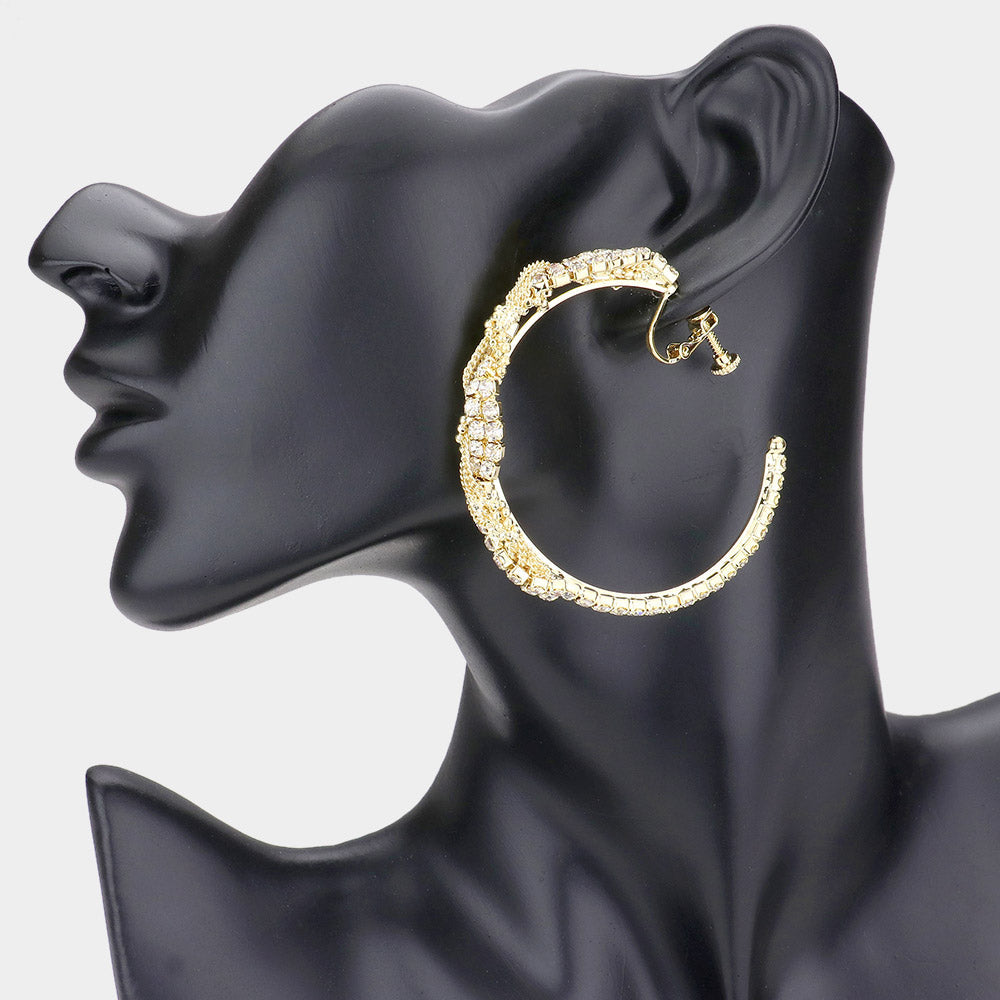 Madeline Love Gold Twisted Crystal Rhinestone Hoop Clip Earrings
