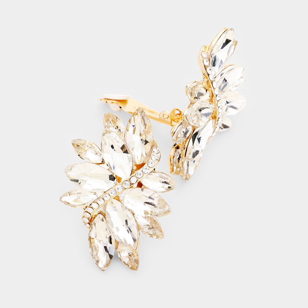 Madeline Love Clear, Gold Swirl Glass Crystal Marquise Cluster Clip On Earrings