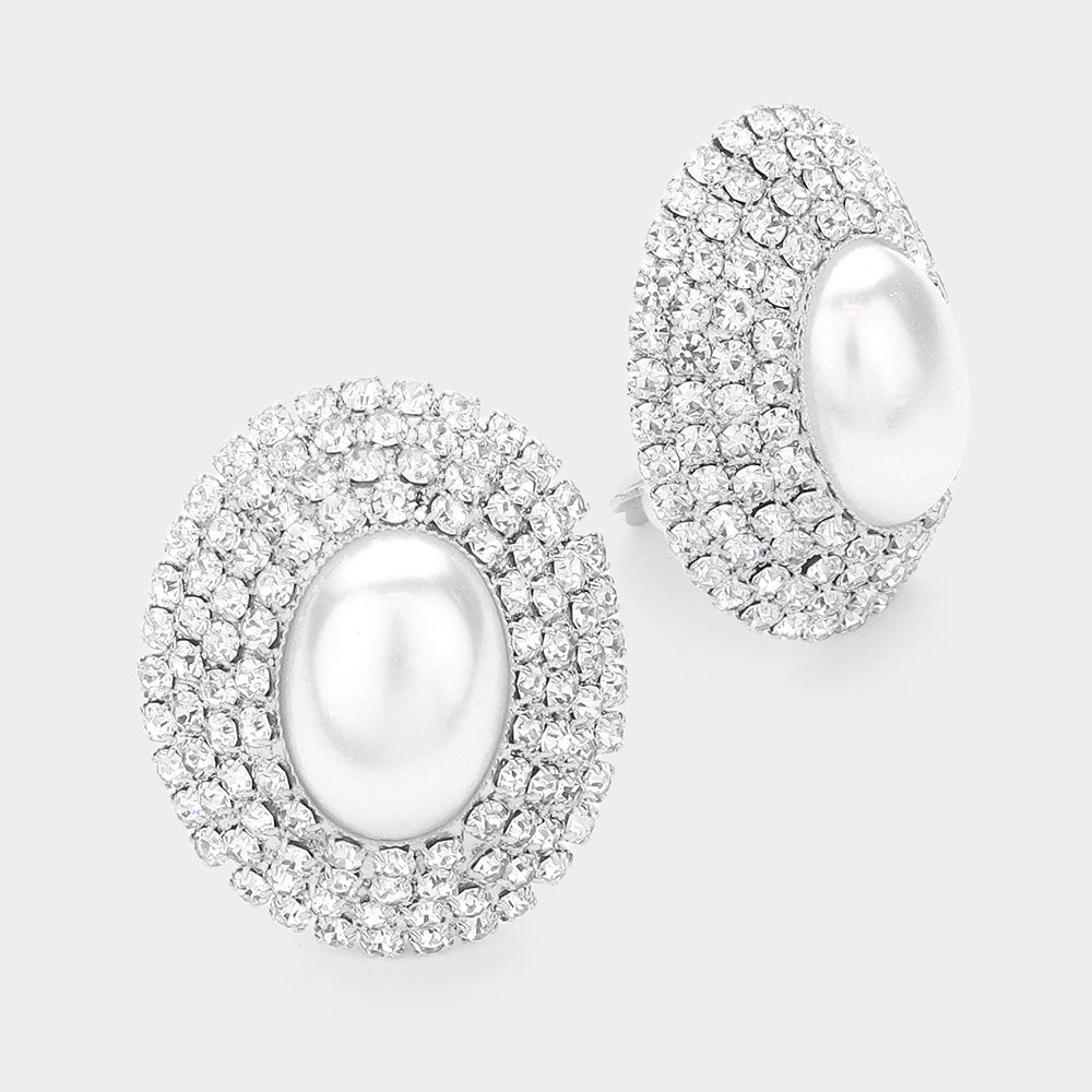 Madeline Love Silver, White Oval Crystal Pearl Clip On Earrings
