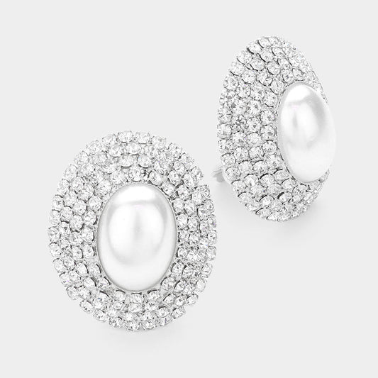 Madeline Love Silver, White Oval Crystal Pearl Clip On Earrings