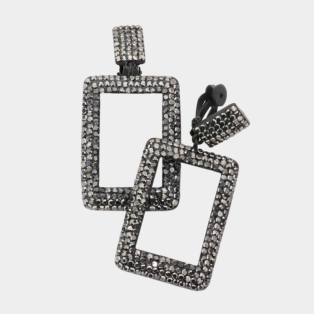 Madeline Love Black, Hematite Rhinestone Embellished Open Rectangle Dangle Evening Earrings