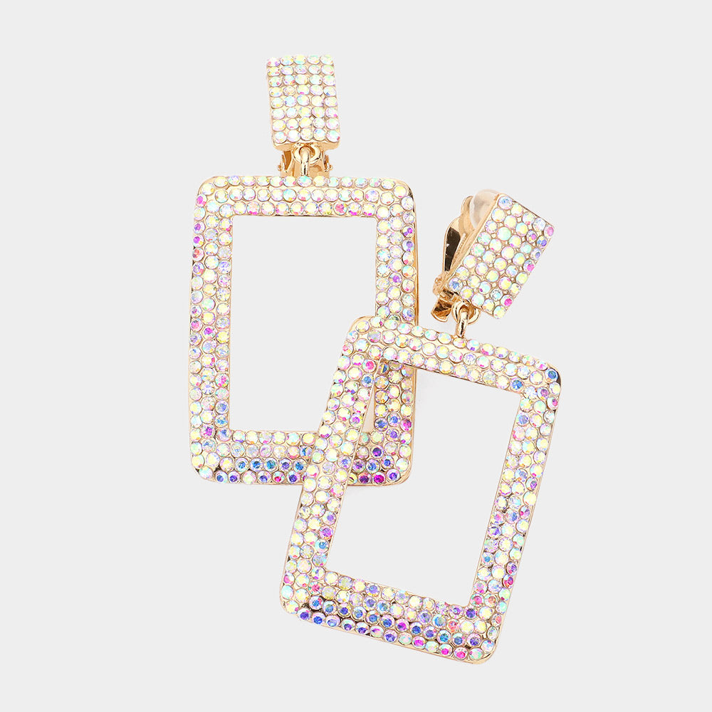 Madeline Love AB, Gold Rhinestone Embellished Open Rectangle Dangle Evening Earrings