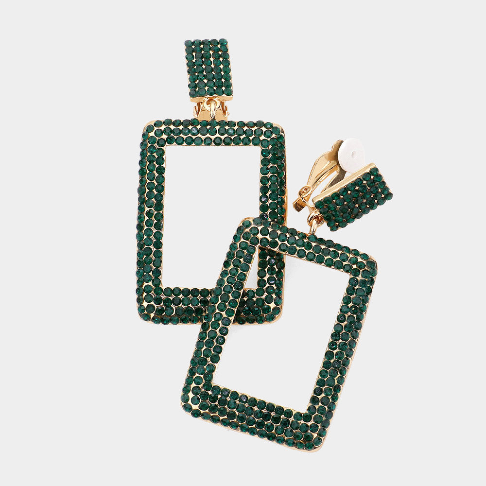 Madeline Love Gold, Green Rhinestone Embellished Open Rectangle Dangle Evening Earrings