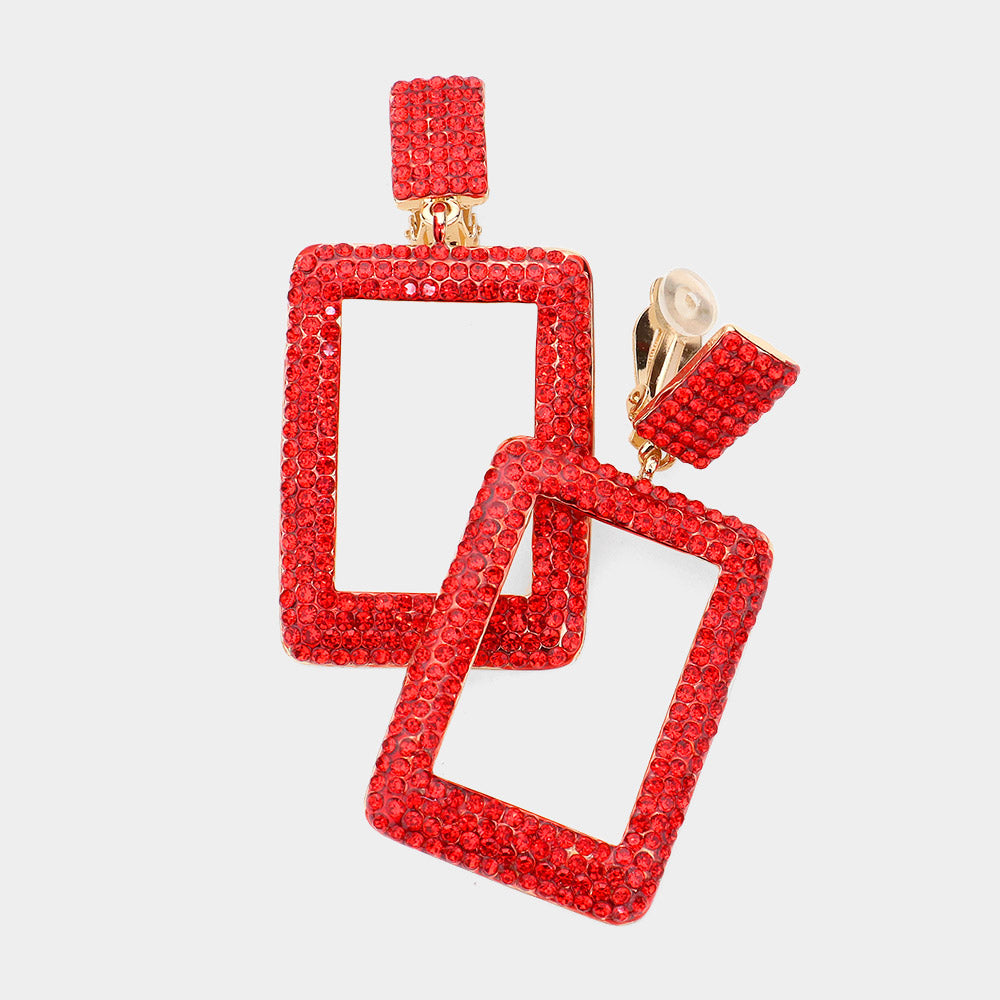 Madeline Love Gold, Red Rhinestone Embellished Open Rectangle Dangle Evening Earrings