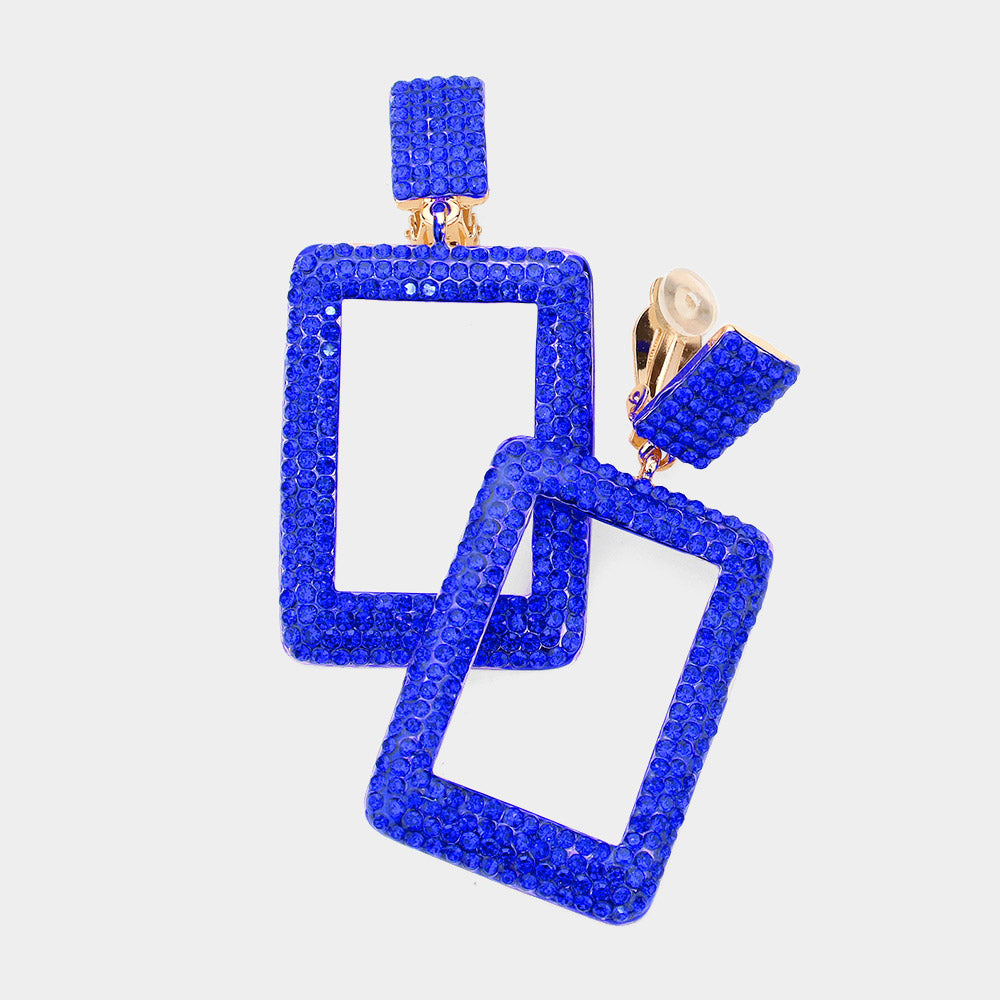 Madeline Love Gold, Royal Blue Rhinestone Embellished Open Rectangle Dangle Evening Earrings