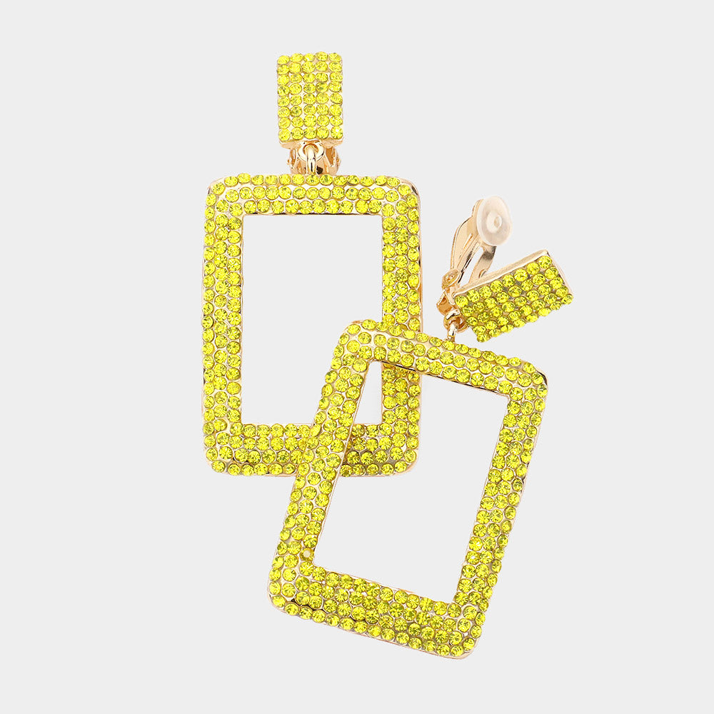 Madeline Love Gold, Yellow Rhinestone Embellished Open Rectangle Dangle Evening Earrings