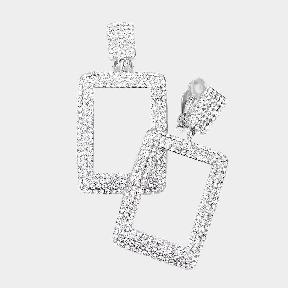 Madeline Love Clear, Rhodium Rhinestone Embellished Open Rectangle Dangle Evening Earrings
