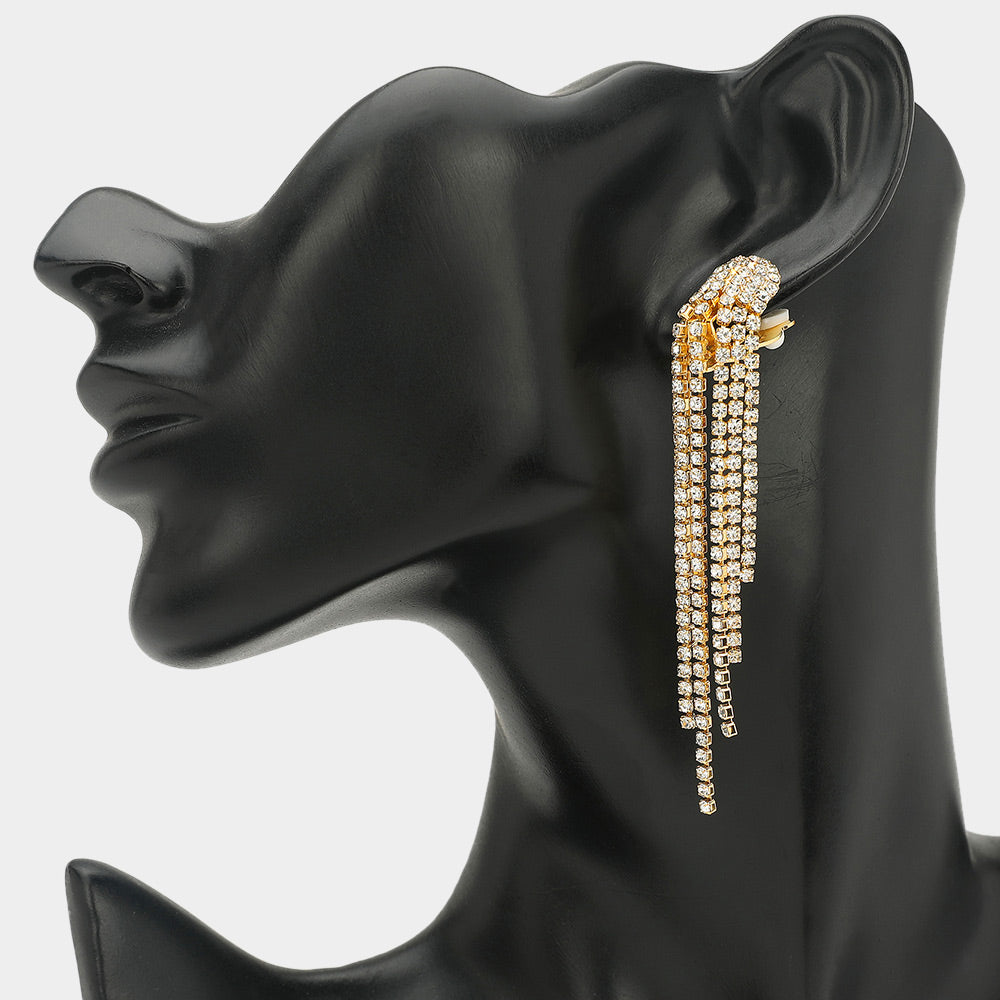 Madeline Love Clear, Gold Crystal Rhinestone Long Fringe Clip on Earrings