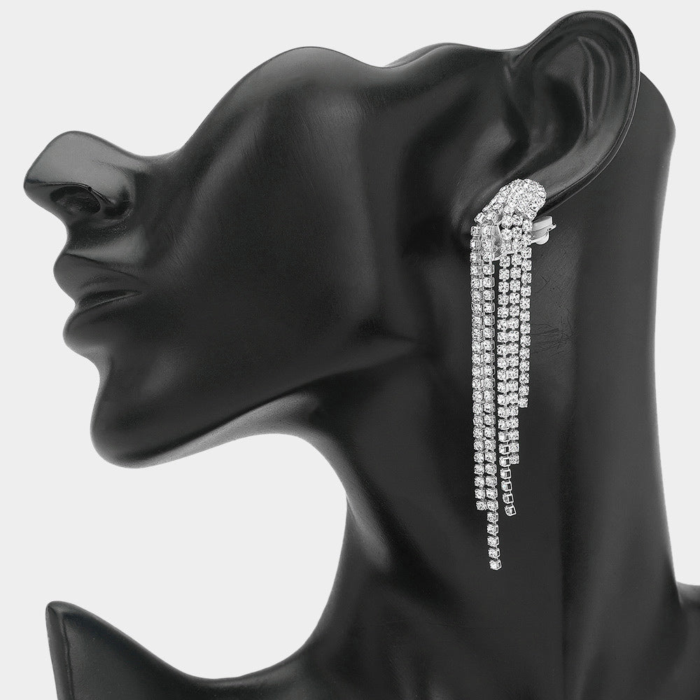 Madeline Love Clear, Silver Crystal Rhinestone Long Fringe Clip on Earrings