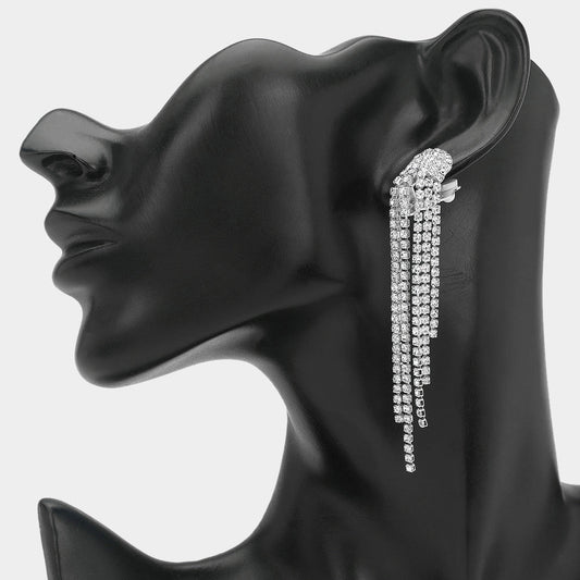 Madeline Love Clear, Silver Crystal Rhinestone Long Fringe Clip on Earrings