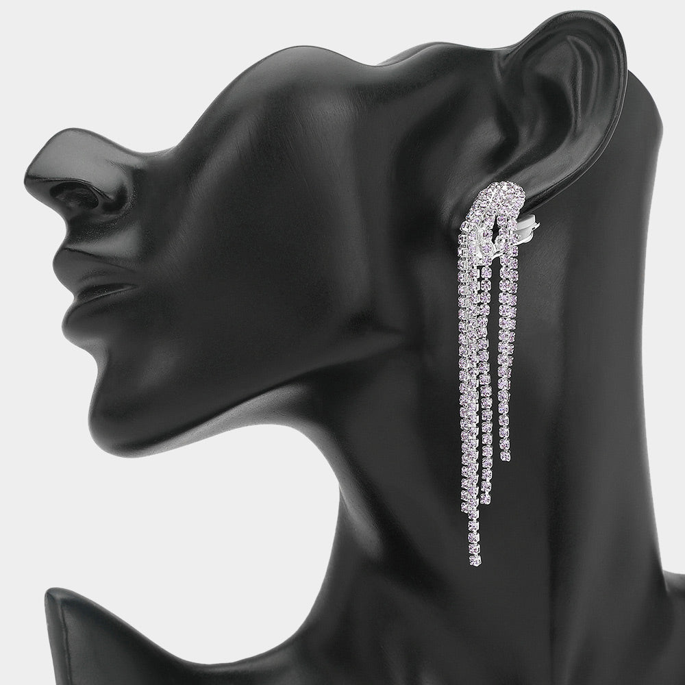 Madeline Love Amethyst , Light, Silver Crystal Rhinestone Long Fringe Clip on Earrings