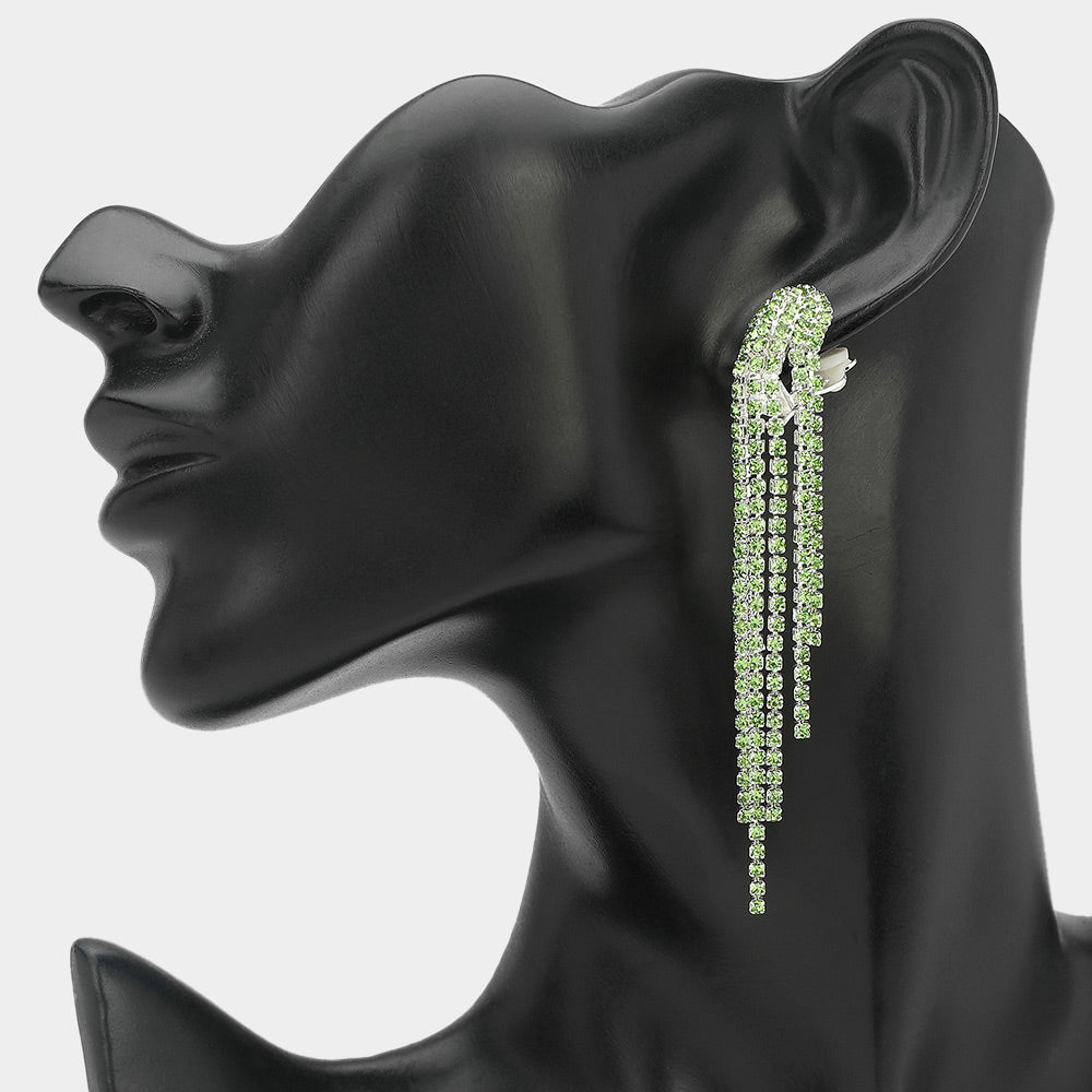Madeline Love Green, Light, Silver Crystal Rhinestone Long Fringe Clip on Earrings