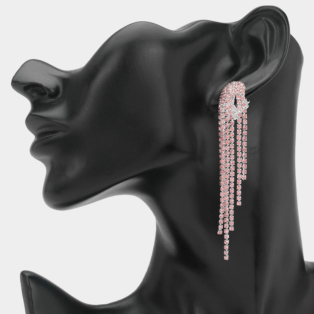 Madeline Love Lt Rose, Silver Crystal Rhinestone Long Fringe Clip on Earrings