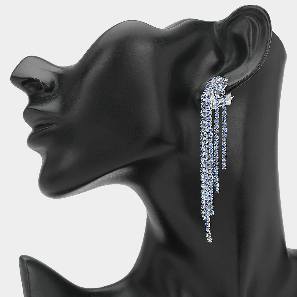 Madeline Love Light, Sapphire, Silver Crystal Rhinestone Long Fringe Clip on Earrings