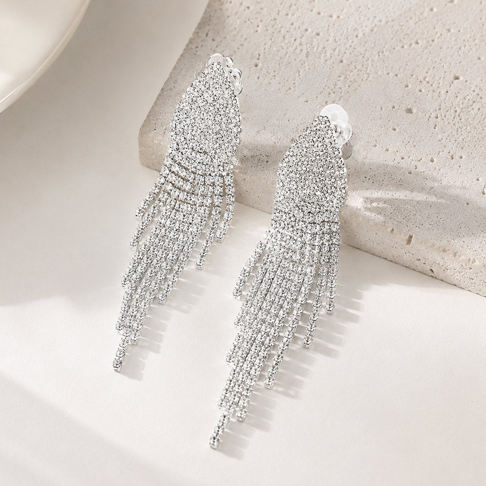 Madeline Love Clear, Silver Crystal Rhinestone Pave Fringe Evening Clip on Earrings