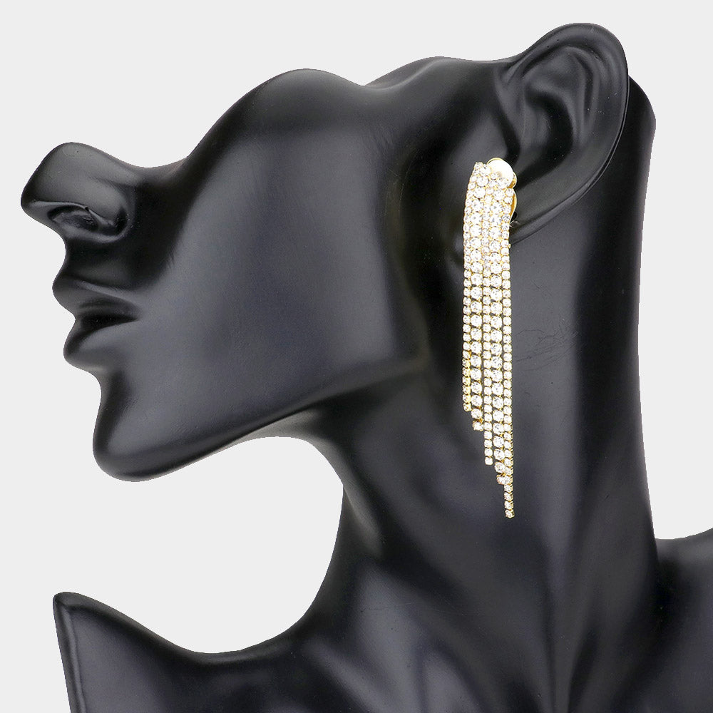 Madeline Love Gold Crystal Rhinestone Pave Fringe Clip on Evening Earrings