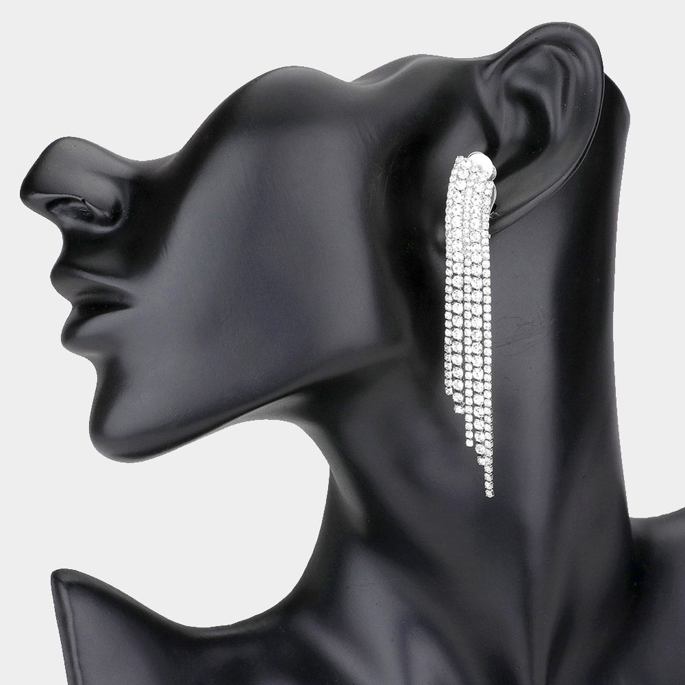 Madeline Love Silver Crystal Rhinestone Pave Fringe Clip on Evening Earrings