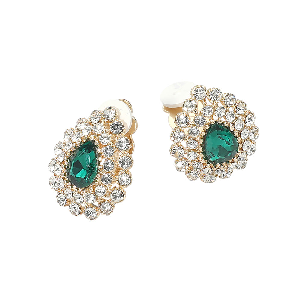 Madeline Love Gold, Green Teardrop Cluster Evening Clip On Earrings - desc