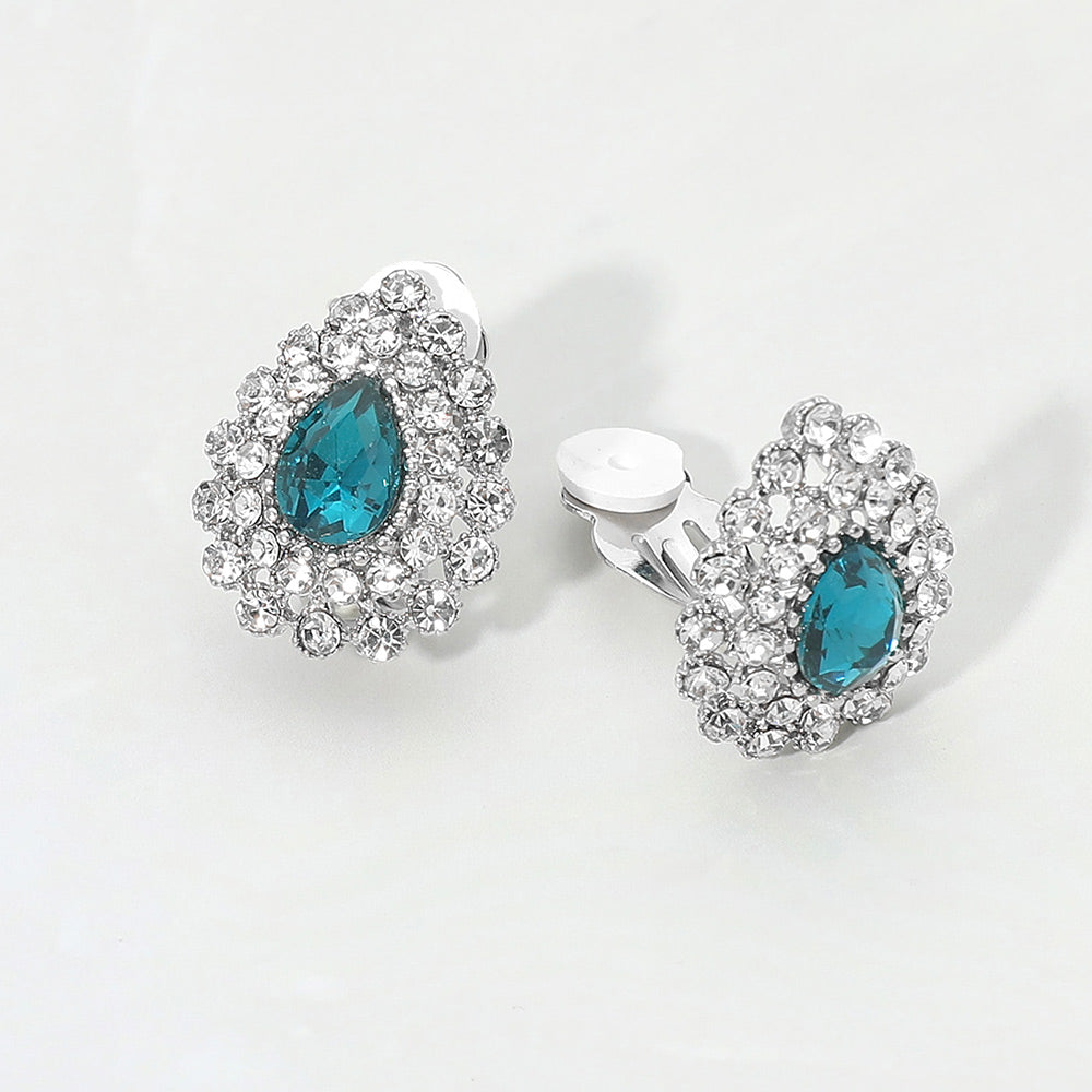 Madeline Love Blue Zircon, Rhodium Teardrop Cluster Evening Clip On Earrings