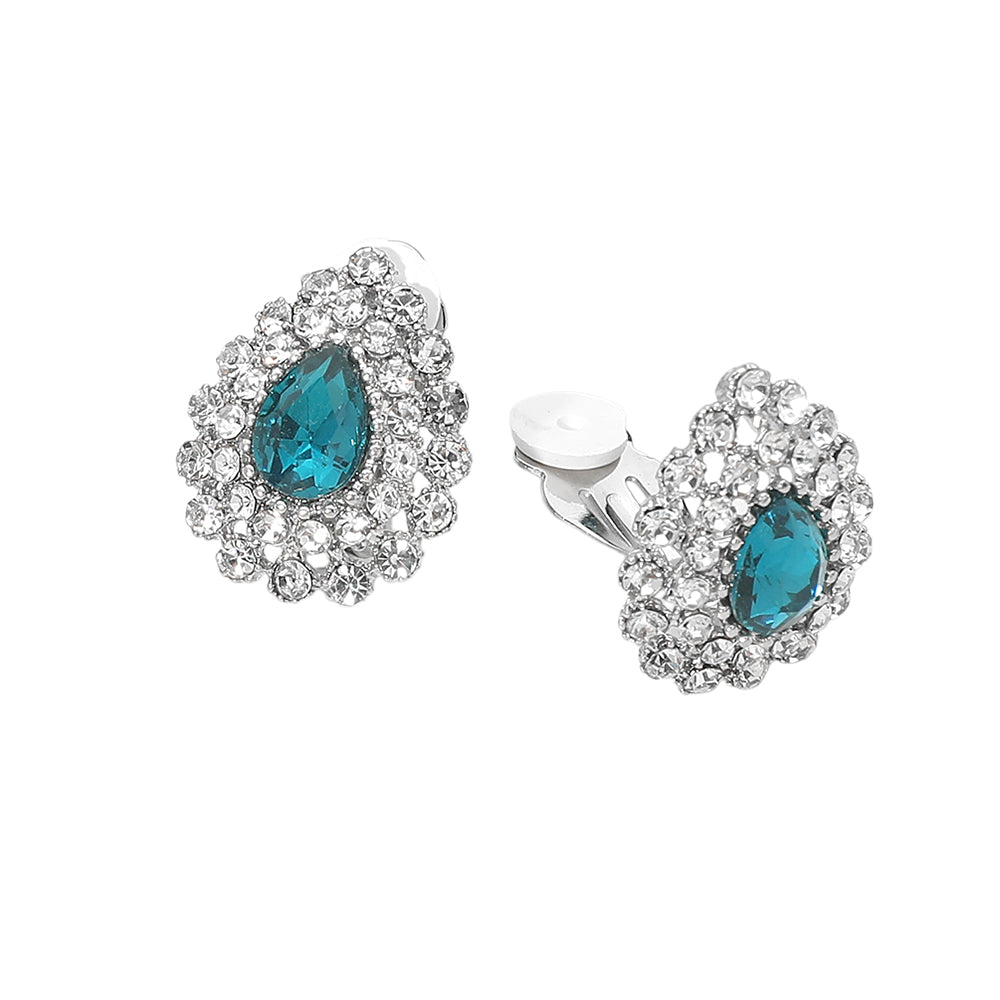 Madeline Love Blue Zircon, Rhodium Teardrop Cluster Evening Clip On Earrings - desc