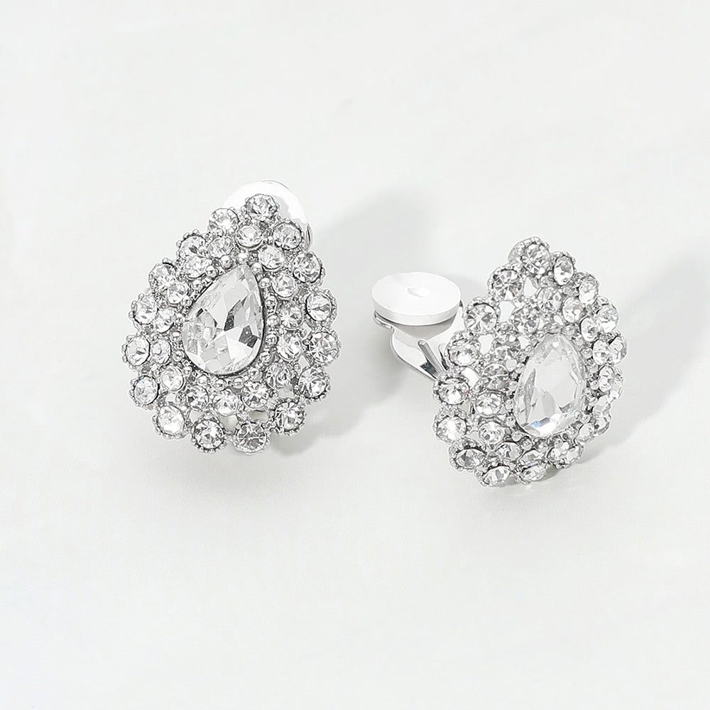Madeline Love Clear, Rhodium Teardrop Cluster Evening Clip On Earrings