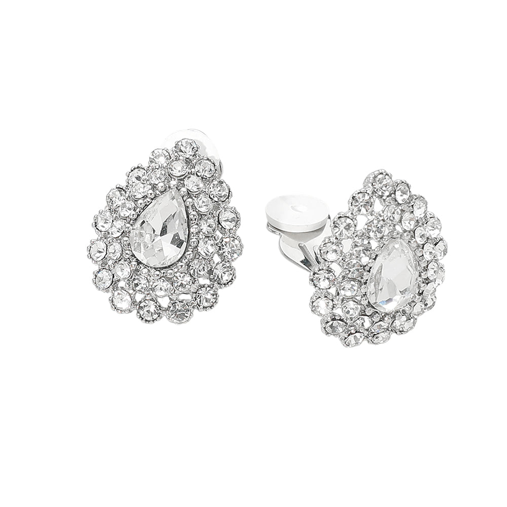 Madeline Love Clear, Rhodium Teardrop Cluster Evening Clip On Earrings - desc