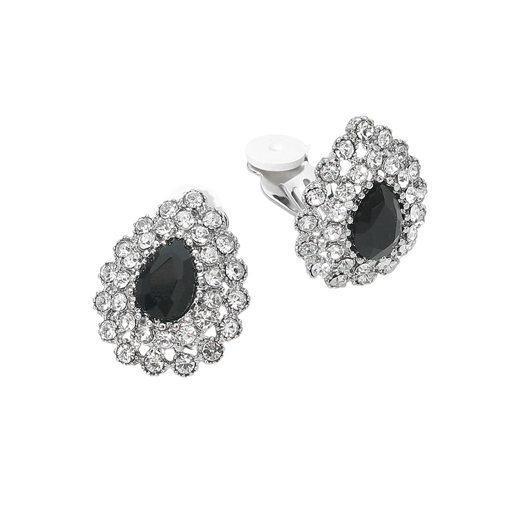 Madeline Love Jet Black, Rhodium Teardrop Cluster Evening Clip On Earrings - desc
