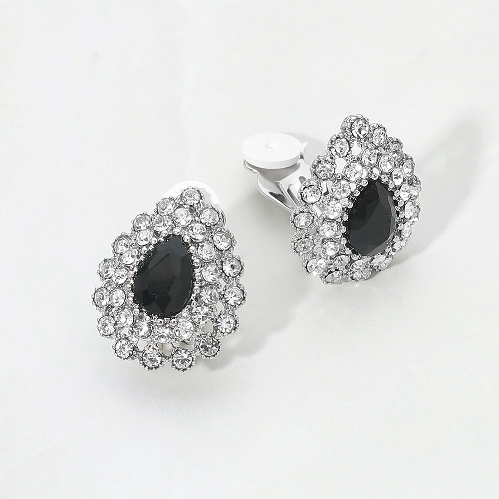 Madeline Love Jet Black, Rhodium Teardrop Cluster Evening Clip On Earrings