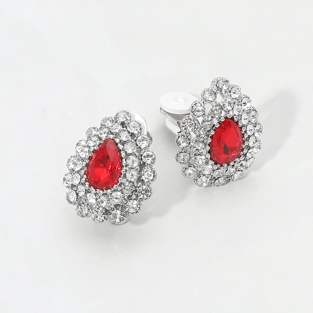 Madeline Love Red, Rhodium Teardrop Cluster Evening Clip On Earrings