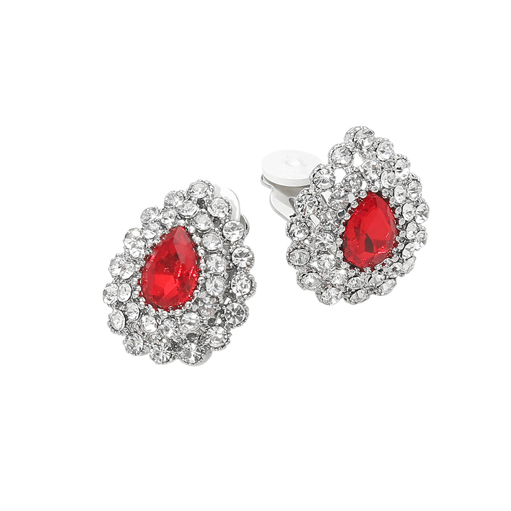 Madeline Love Red, Rhodium Teardrop Cluster Evening Clip On Earrings - desc