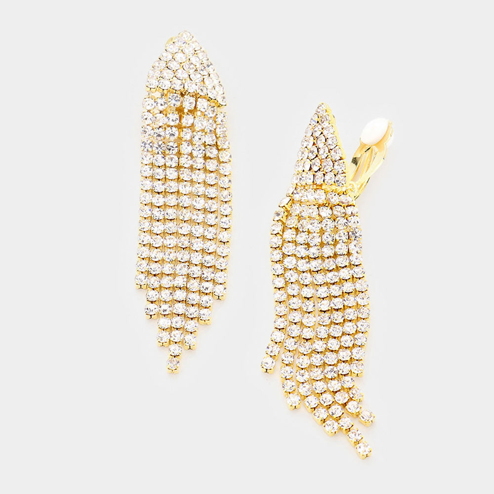 Madeline Love Clear, Gold Rhinestone Statement Fringe Drop Evening Clip On Earrings