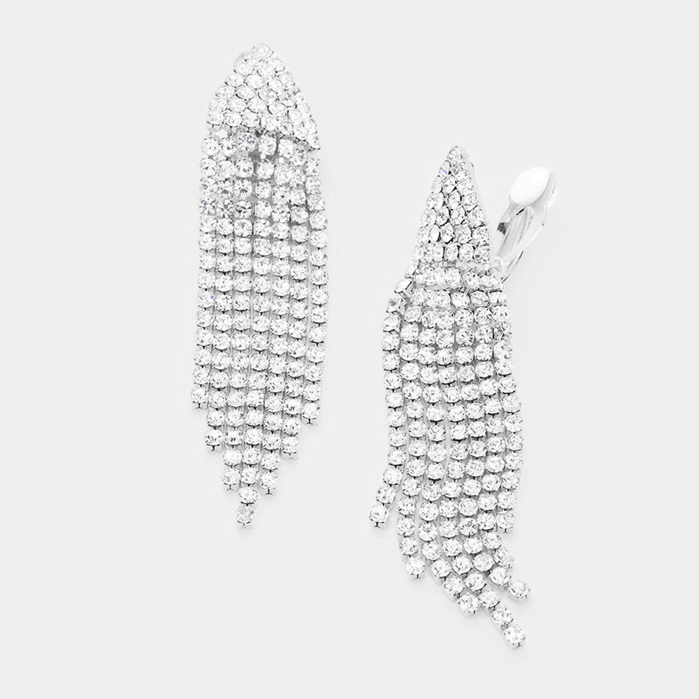 Madeline Love Clear, Silver Rhinestone Statement Fringe Drop Evening Clip On Earrings