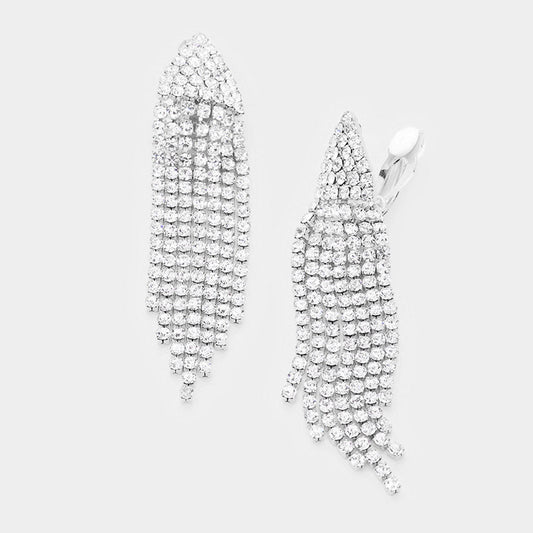 Madeline Love Clear, Silver Rhinestone Statement Fringe Drop Evening Clip On Earrings