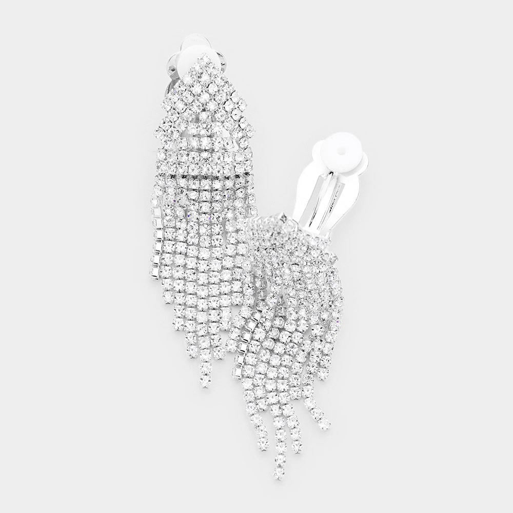 Madeline Love Clear, Silver Rhinestone Crystal Fringe Evening Clip On Earrings