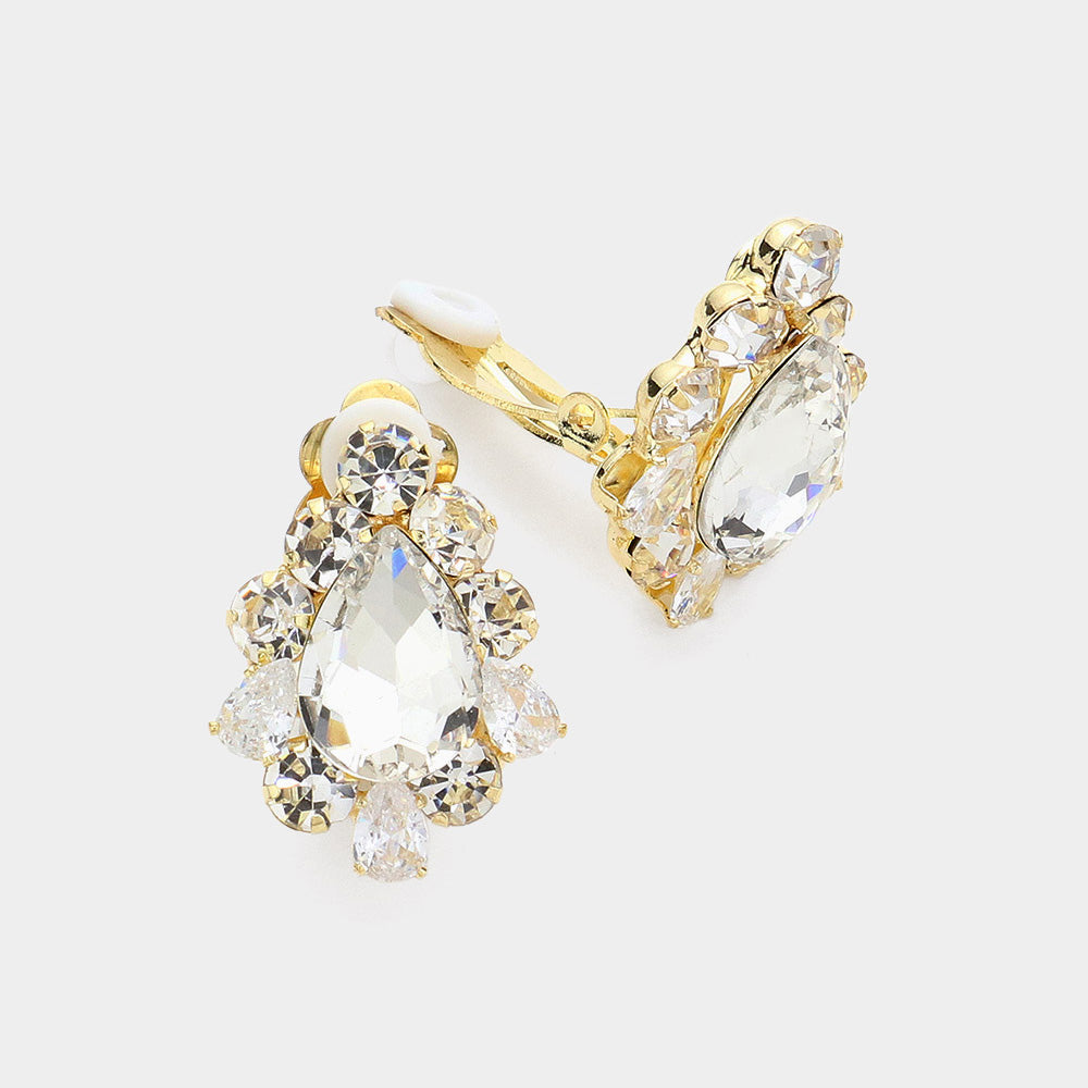 Madeline Love Gold Teardrop Centered Bubble Stone Trimmed Clip on Earrings