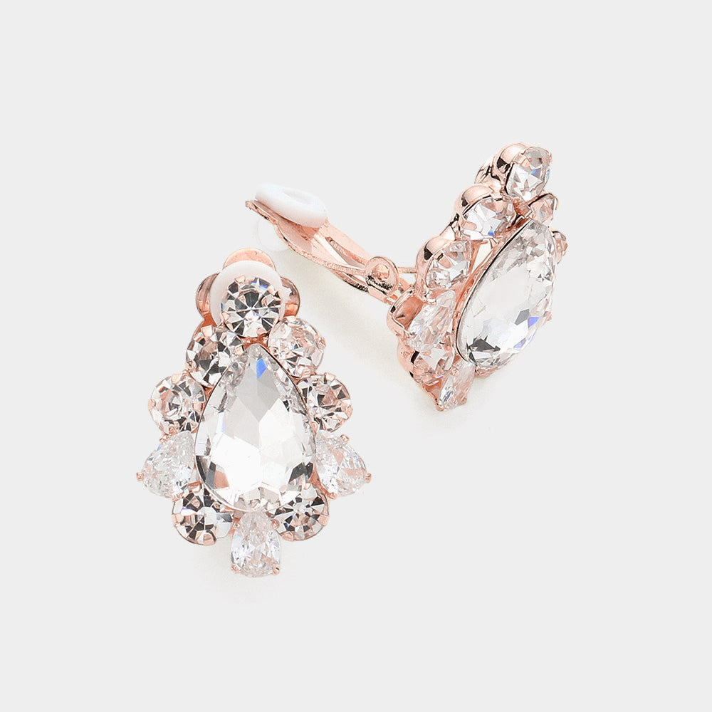 Madeline Love Clear, Rose Gold Teardrop Centered Bubble Stone Trimmed Clip on Earrings