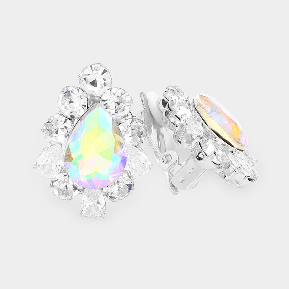 Madeline Love AB, Silver Teardrop Centered Bubble Stone Trimmed Clip on Earrings