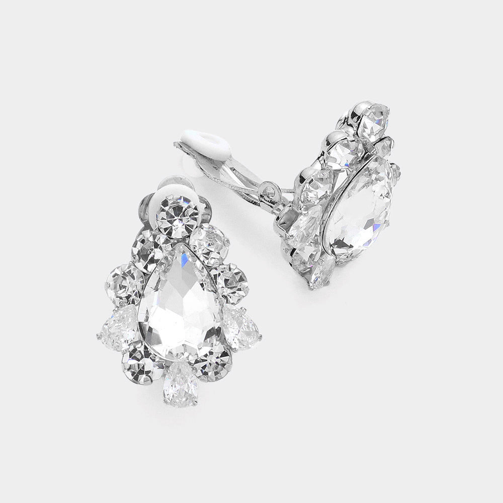 Madeline Love Silver Teardrop Centered Bubble Stone Trimmed Clip on Earrings