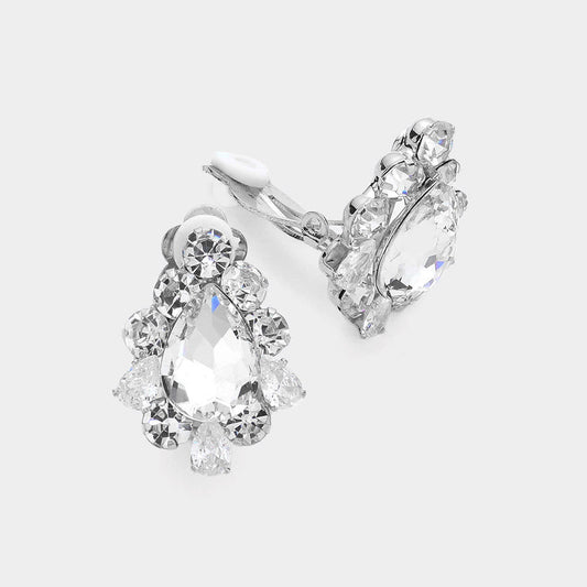 Madeline Love Silver Teardrop Centered Bubble Stone Trimmed Clip on Earrings
