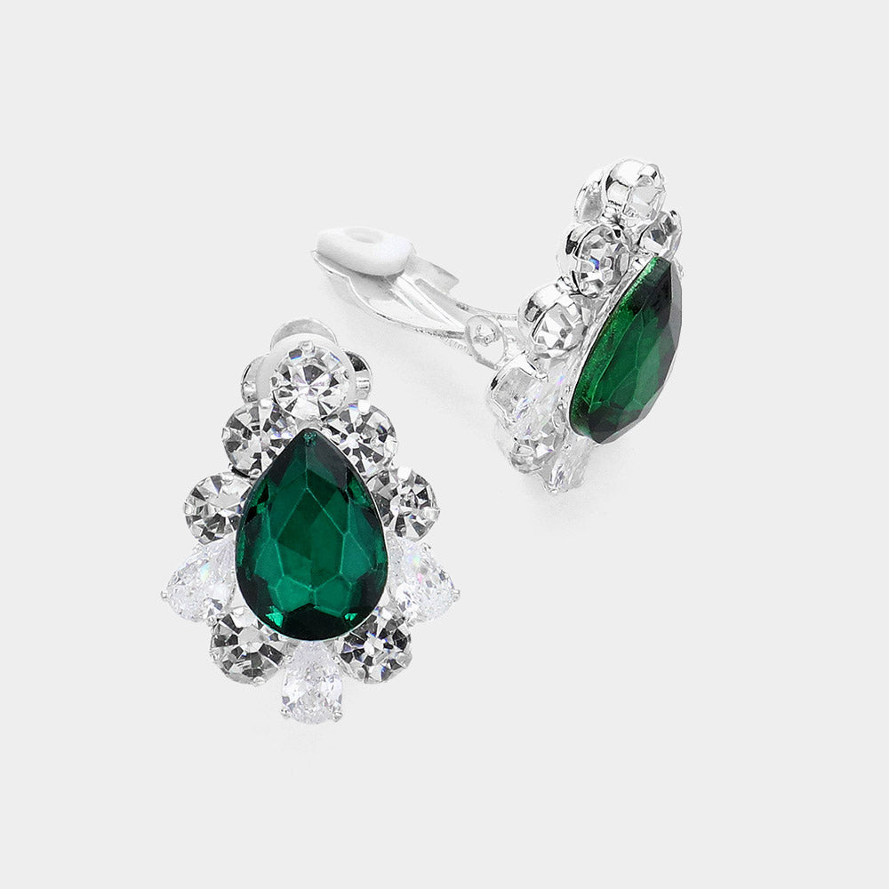 Madeline Love Emerald, Silver Teardrop Centered Bubble Stone Trimmed Clip on Earrings