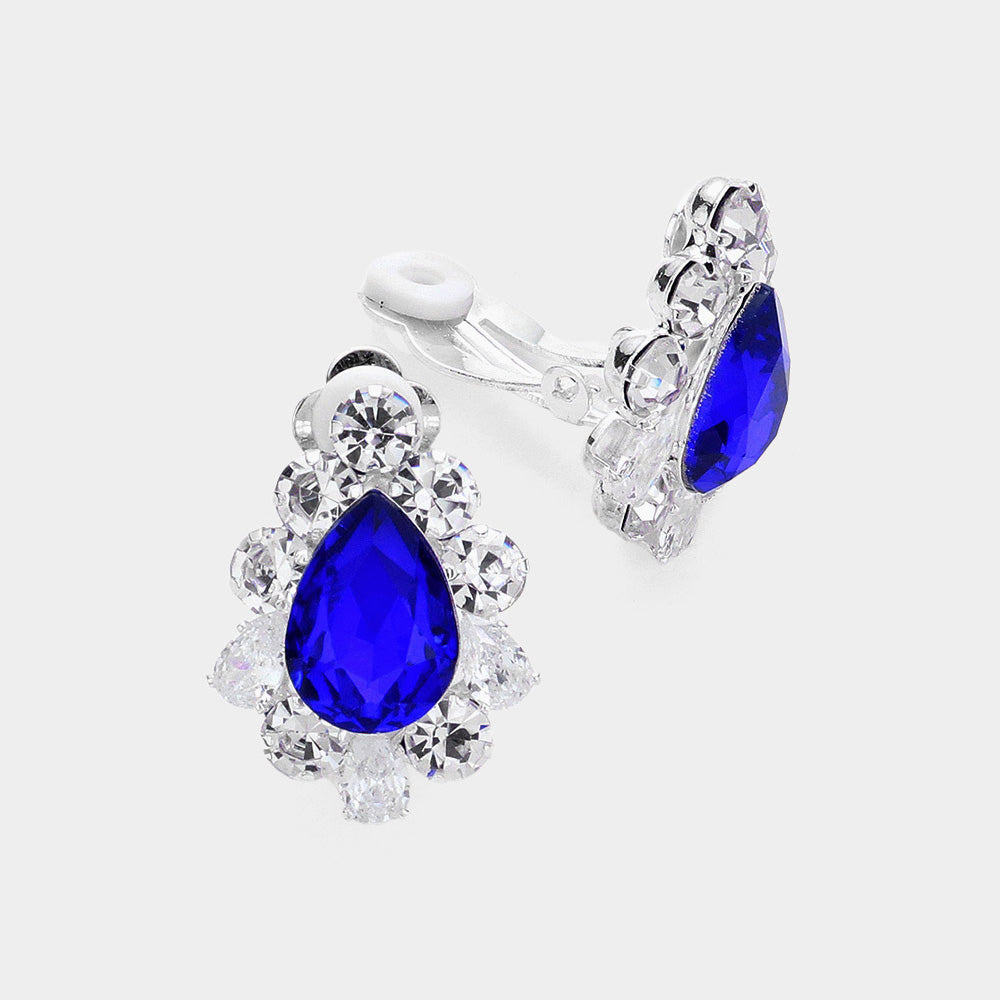 Madeline Love Sapphire, Silver Teardrop Centered Bubble Stone Trimmed Clip on Earrings