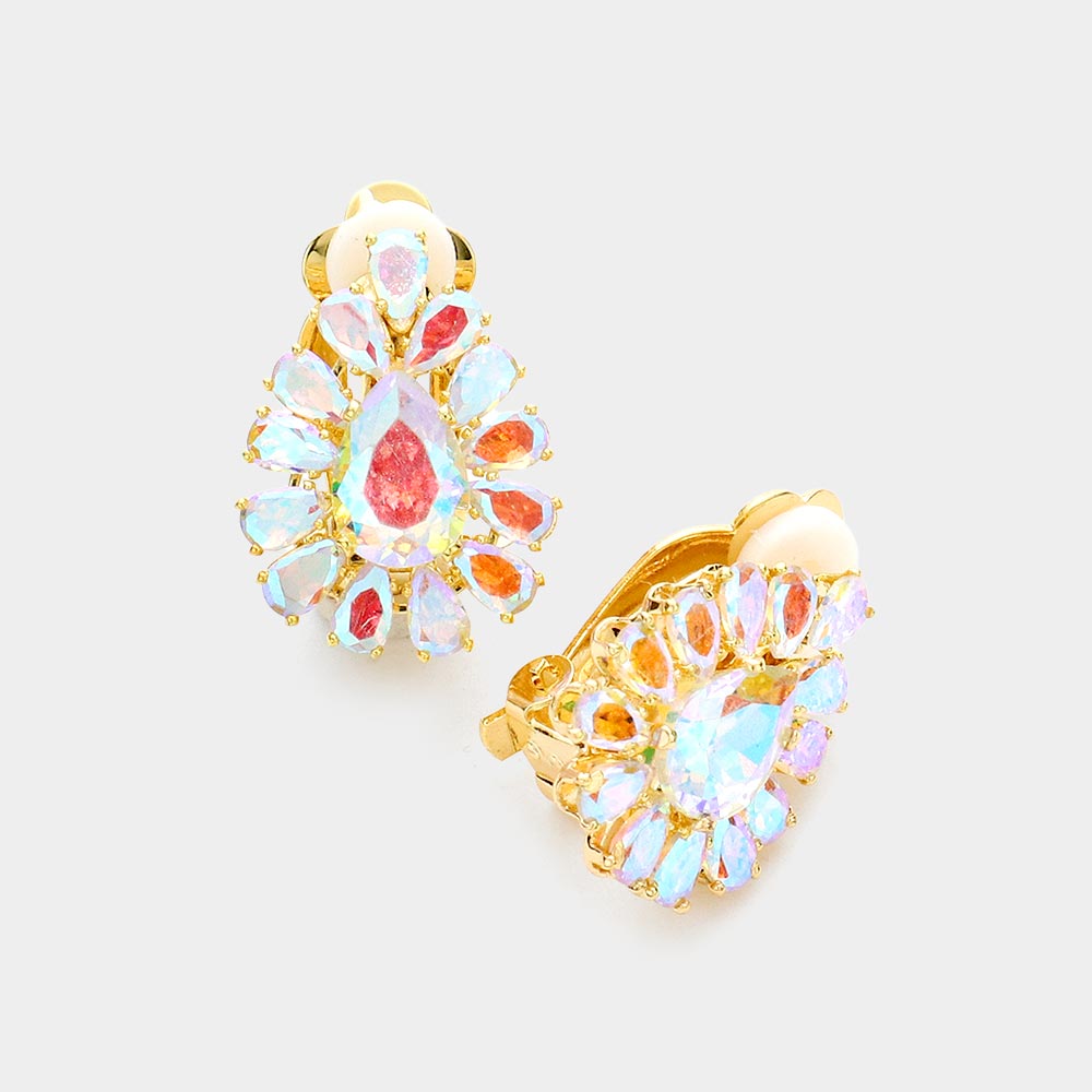 Madeline Love AB, Gold Teardrop Stone Cluster Clip On Evening Earrings