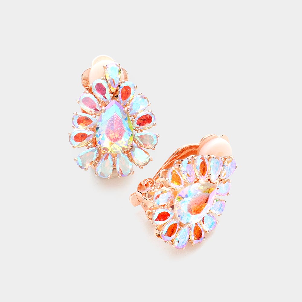 Madeline Love AB, Rose Gold Teardrop Stone Cluster Clip On Evening Earrings