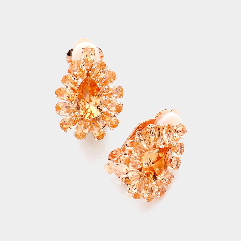 Madeline Love Peach, Rose Gold Teardrop Stone Cluster Clip On Evening Earrings
