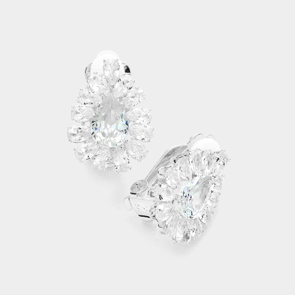 Madeline Love Clear, Silver Teardrop Stone Cluster Clip On Evening Earrings