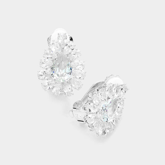 Madeline Love Clear, Silver Teardrop Stone Cluster Clip On Evening Earrings